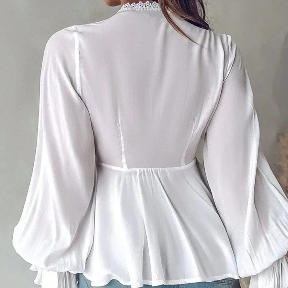 White Sexy Women's Contrast Lace Long Lantern Sleeve Blouse Peplum Top - Picture 2 of 3
